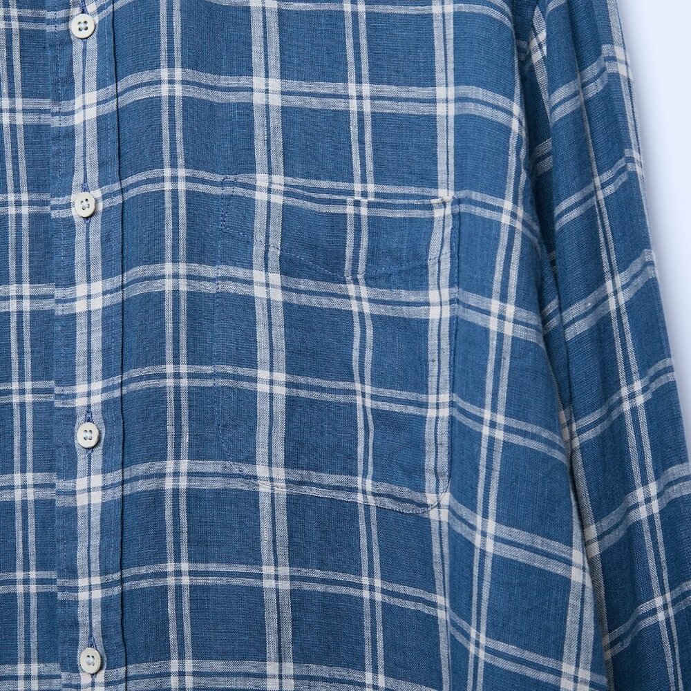 Faherty Laguna 100% Linen Nightfall Plaid Button Down Blue Shirt XXL - Picture 6 of 14
